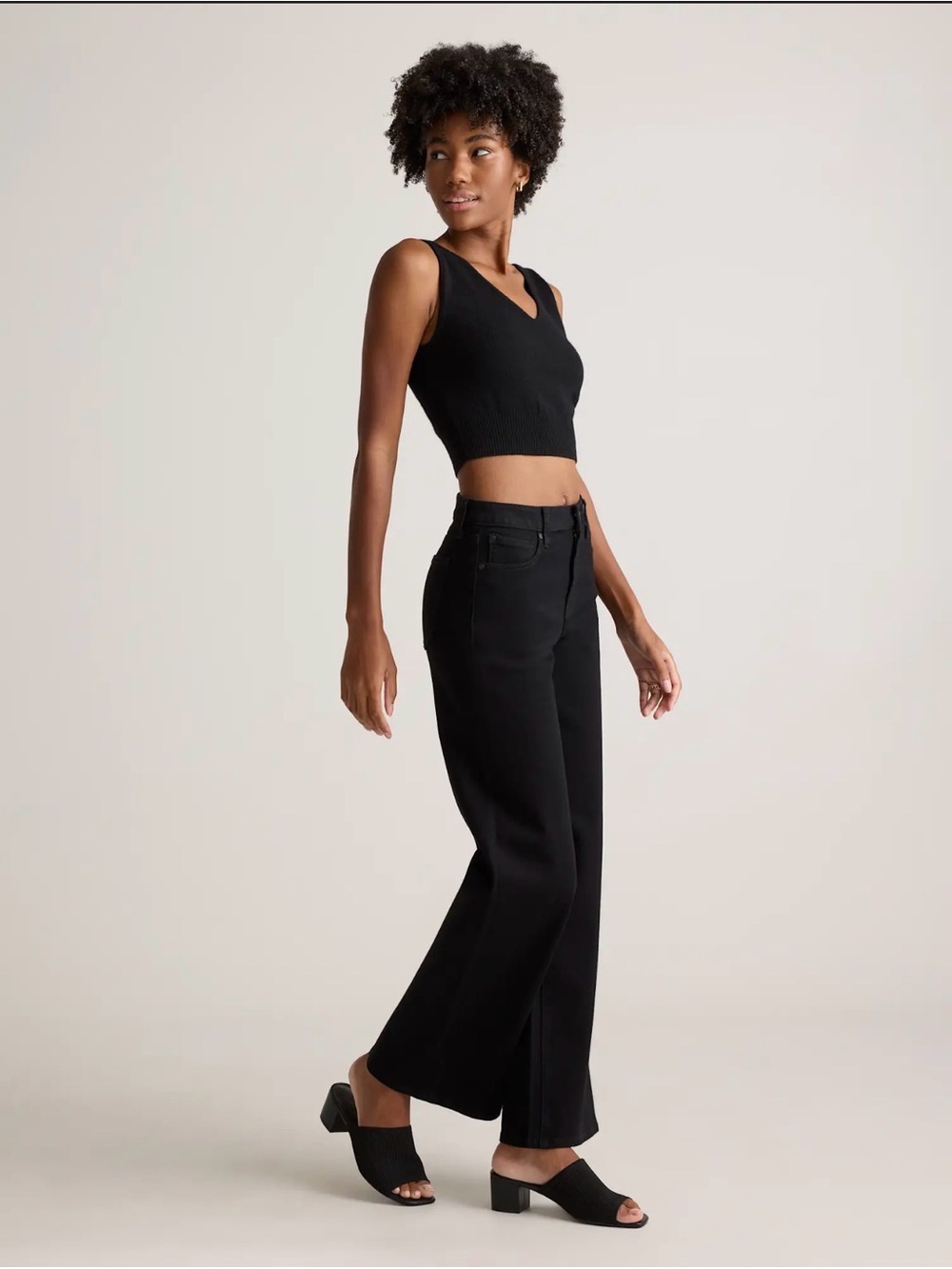 Quince Black Wide-Leg Flare Jeans — Sleek High-Rise